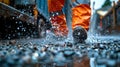 Worker's Feet Covered in Mud Splashes. Generative ai