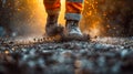 Worker's Feet Covered in Mud Splashes. Generative ai