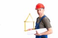 Worker with yardstick- house