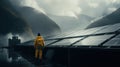 Worker in yellow protective clothes maintaining solar panels installation. Clean energy plant. Generative AI