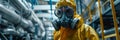 A worker in a yellow protective suit and gas mask checks for a chemical leak at a chemical factory