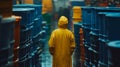 worker in yellow raincoat walking between colorful barrels in warehouse Royalty Free Stock Photo