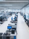 Workers assembling electronic components on an advanced factory production line, manufacturing computer hardware and high tech Royalty Free Stock Photo
