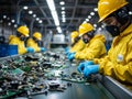 Workers assembling electronic components in a factory Royalty Free Stock Photo