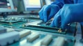 Workers on the assembly line install chips on chips Royalty Free Stock Photo