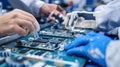 Workers on the assembly line install chips on chips Royalty Free Stock Photo