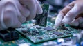 Workers on the assembly line install chips on chips Royalty Free Stock Photo