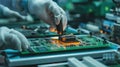 Workers on the assembly line install chips on chips Royalty Free Stock Photo