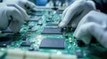 Workers on the assembly line install chips on chips Royalty Free Stock Photo