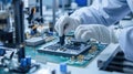 Workers on the assembly line install chips on chips Royalty Free Stock Photo