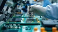 Workers on the assembly line install chips on chips Royalty Free Stock Photo