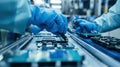 Workers on the assembly line install chips on chips Royalty Free Stock Photo