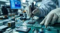 Workers on the assembly line install chips on chips Royalty Free Stock Photo