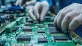 Workers on the assembly line install chips on chips Royalty Free Stock Photo