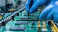 Workers on the assembly line install chips on chips Royalty Free Stock Photo