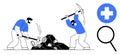 Workers breaking rocks with tools, symbolizing effort and solution-seeking with magnifying glass and plus sign Royalty Free Stock Photo