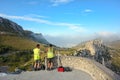 Workers build the observation platform Mirador Colomer on the rocks. Island Majorca, Spain.