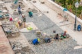 Workers building road paving in Buda Castle.