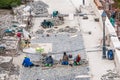 Workers building road paving in Buda Castle.