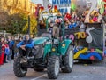 Workers of the Carnival of Viareggio, Italy, take care of the tractor that carries the allegorical float in a parade
