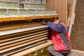 Workers in carpentry placed glued wooden profiles in the large clamp machine for pressing