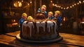 Workers celebrate with giant cake in rustic workshop Royalty Free Stock Photo