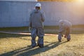 Workers in chemical protection suite are boarding contaminated zone