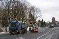 Workers clean snow in Moscow Kremlin.