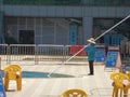 Workers cleaning up the swimming pool