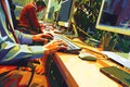 Workers Collaborate on Desktops, Using Keyboards and Mice to Efficiently Complete Tasks in a Modern Office Setting,