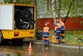Workers conduct water pipe repair work