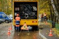 Workers conduct water pipe repair work