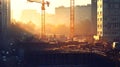 WORKERS CONSTRUCTING MODERN BUILDINGS WITH CRANES ON URBAN PROJECT SITE IMAGE Royalty Free Stock Photo