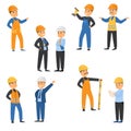 Workers at the construction site set. Raster illustration in flat cartoon style Royalty Free Stock Photo