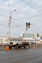 Workers on the crane install and decorate the Astrakhan bridge with led light in Volgograd