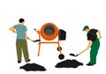 Workers crew with shovel put gravel in concrete mixer vector illustration. Working people. Royalty Free Stock Photo