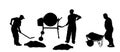 Workers crew with shovel put gravel in concrete mixer vector silhouette illustration. Working people. Royalty Free Stock Photo