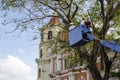 Workers cut, prune and trim narra tree branches with chainsaw using telehandler with bucket in front cathedral Royalty Free Stock Photo