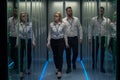 Workers in a data center walking between rows of server racks