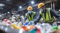 The workers diligently sorting recyclables in a modern waste processing facility. AI generated image Royalty Free Stock Photo
