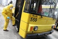 Workers disinfecting bus Royalty Free Stock Photo