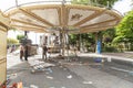 Workers dismantle a carousel in La Coruna Spain