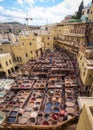 Workers are dyeing leather at the tannery in Fez, Fes el Bali Royalty Free Stock Photo