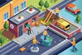 Workers engage in gutter cleaning, maintenance activities, and vehicle storage in a city setting, Customizable Isometric Royalty Free Stock Photo