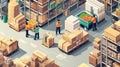 Workers engage in packing grocery orders in a modern isometric warehouse setting filled with stacked boxes and fresh Royalty Free Stock Photo