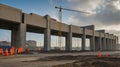 Construction site showing a large concrete structure with cranes and safety cones during the day Royalty Free Stock Photo