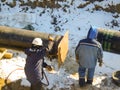 The workers engaged in the construction of the pipeline. Welders build the pipeline. Installation work in the construction and ins