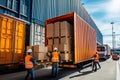 Workers engaged in loading boxes into a shipping container at the dockyard. Generative AI Royalty Free Stock Photo