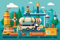 Workers engaged in pipeline maintenance with various machinery and vehicles in a vibrant industrial setting, Pipeline maintenance Royalty Free Stock Photo