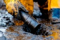 Workers extracting a core sample from a muddy ground in an exploration site. Generative AI